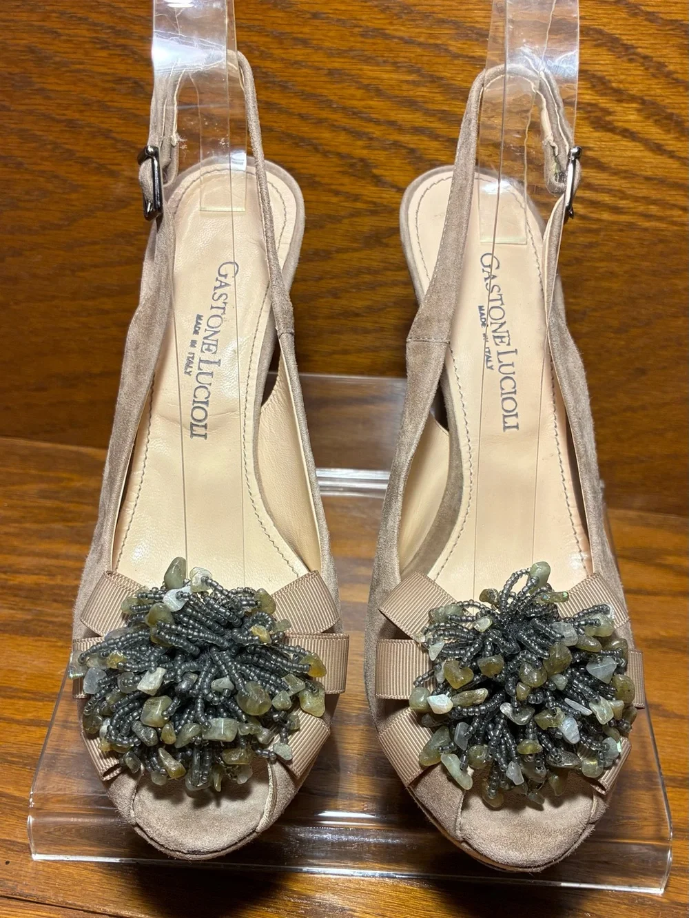 Gastone Lucioli ITALY Beaded Suede Platform Slingback Heels Taupe EU 38.5 US 8
